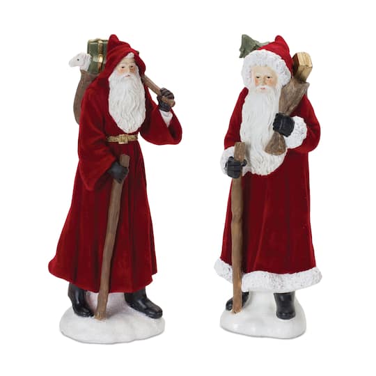 Flocked Santa Figurine with Hood &#x26; Staff Set